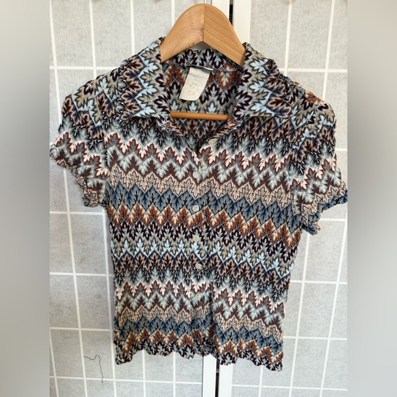 Aqua Blues Tops - Vintage Aqua Blues Cropped Button-Up stretchable Shirt, blue & brown, Large.